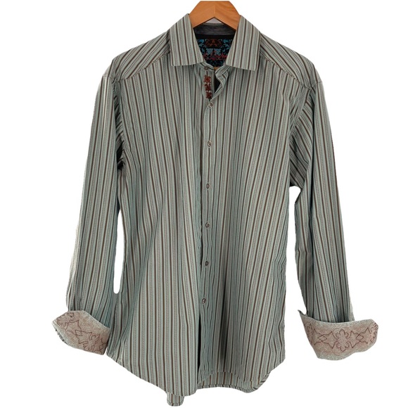 Robert Graham Long Sleeve Button Down Shirt w/Flip Cuffs Green & Brown Stripes - Picture 4 of 12